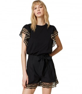 TWINSET BLACK SHORTS WITH TWO-TONE LACE