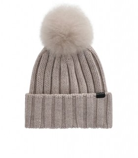 WOOLRICH TAUPE WOOL BEANIE WITH POMPOM