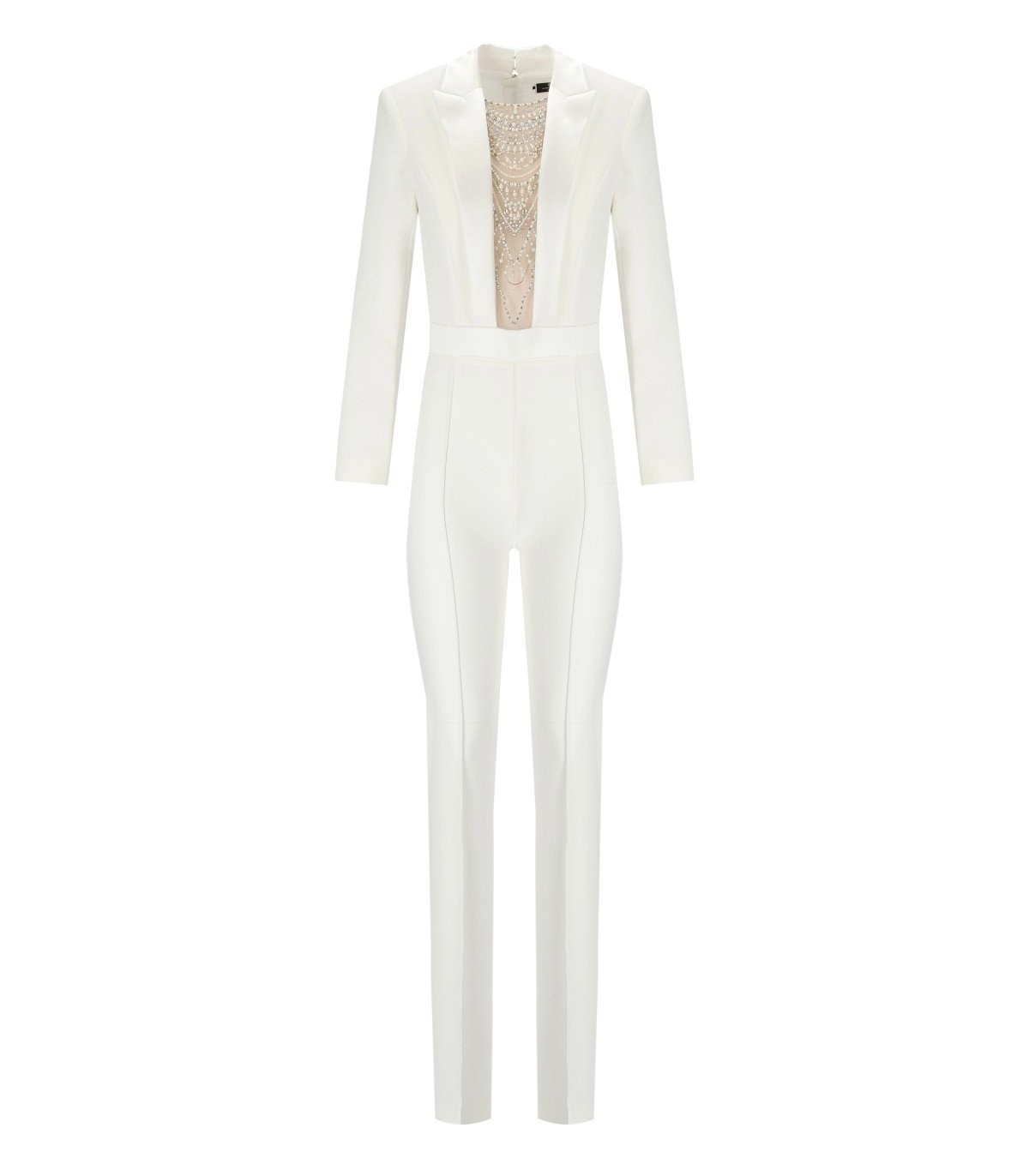 ELISABETTA FRANCHI IVORY JUMPSUIT WITH PEARLS AND RHINESTONES