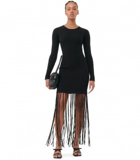 GANNI BLACK KNITTED DRESS WITH FRINGES