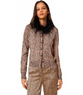 TWINSET ANIMAL PRINT CARDIGAN WITH FEATHERS