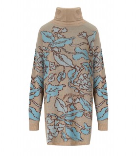 TWINSET JACQUARD HEARTS AND LEAFS BEIGE TURTLENECK MAXI JUMPER