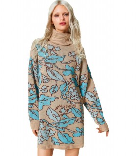 TWINSET JACQUARD HEARTS AND LEAFS BEIGE TURTLENECK MAXI JUMPER