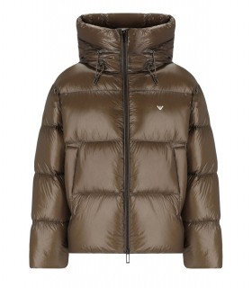 EMPORIO ARMANI BROWN HOODED DOWN JACKET WITH LOGO