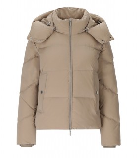 WOOLRICH ALSEA TAUPE SHORT HOODED DOWN JACKET