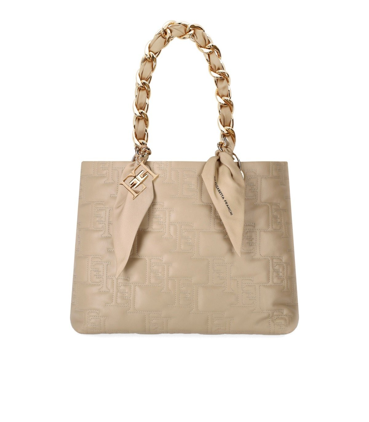 ELISABETTA FRANCHI BEIGE SHOPPING BAG WITH CHAIN FOULARD SCARF 