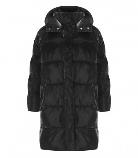 ELISABETTA FRANCHI BLACK SATIN HOODED PADDED COAT