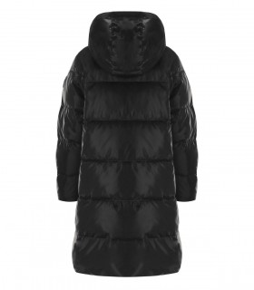 ELISABETTA FRANCHI BLACK SATIN HOODED PADDED COAT
