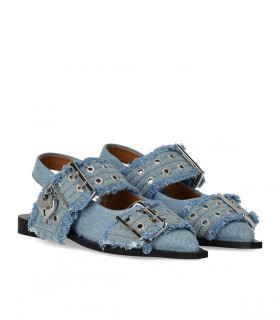GANNI FADED DENIM SLINGBACK BALLET FLAT SHOE WITH BUCKLES