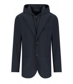 EMPORIO ARMANI NAVY BLUE RIBBED SINGLE-BREASTED HOODED JACKET