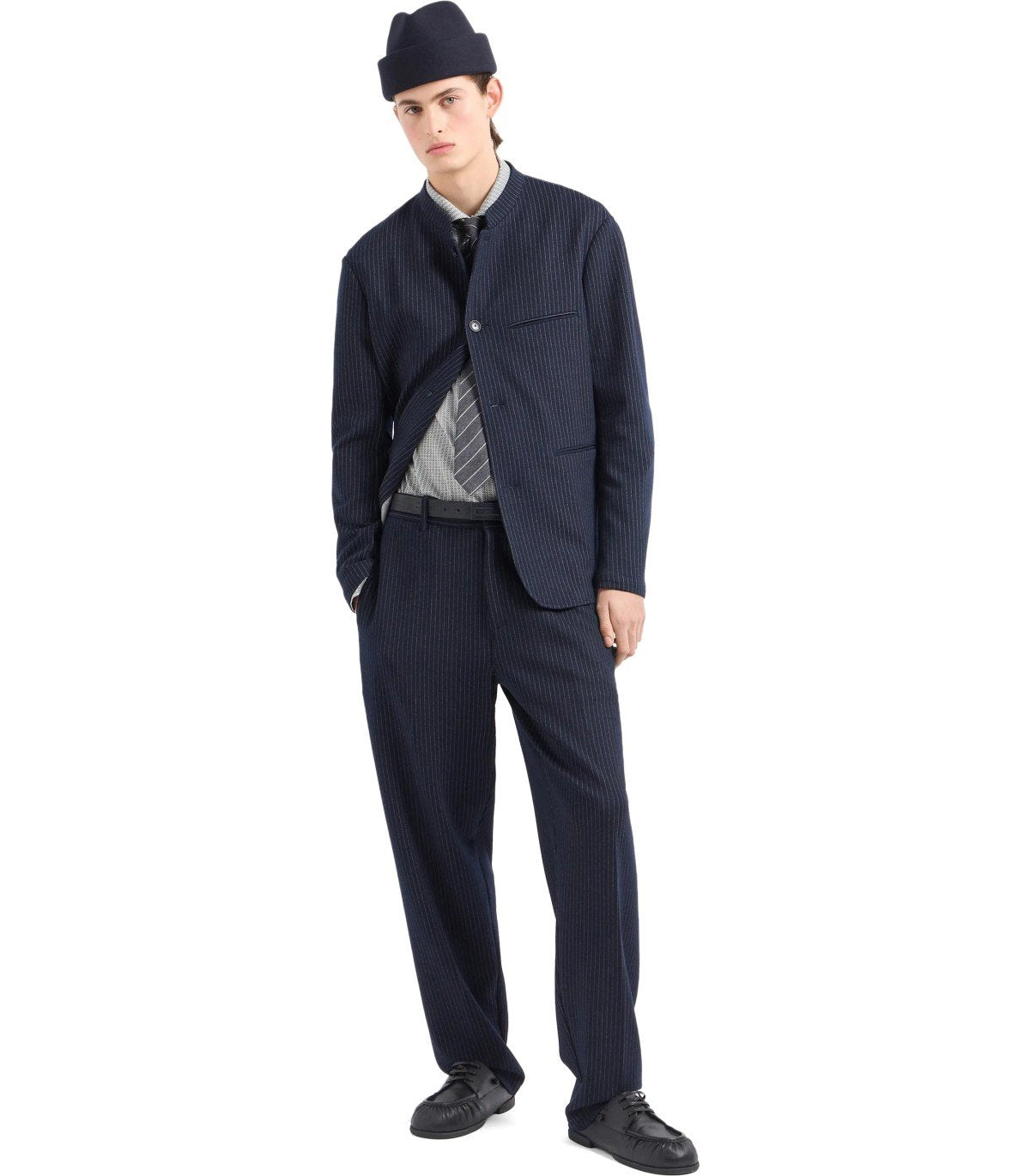 EMPORIO ARMANI NAVY BLUE PINSTRIPE JACKET WITH MANDARIN COLLAR