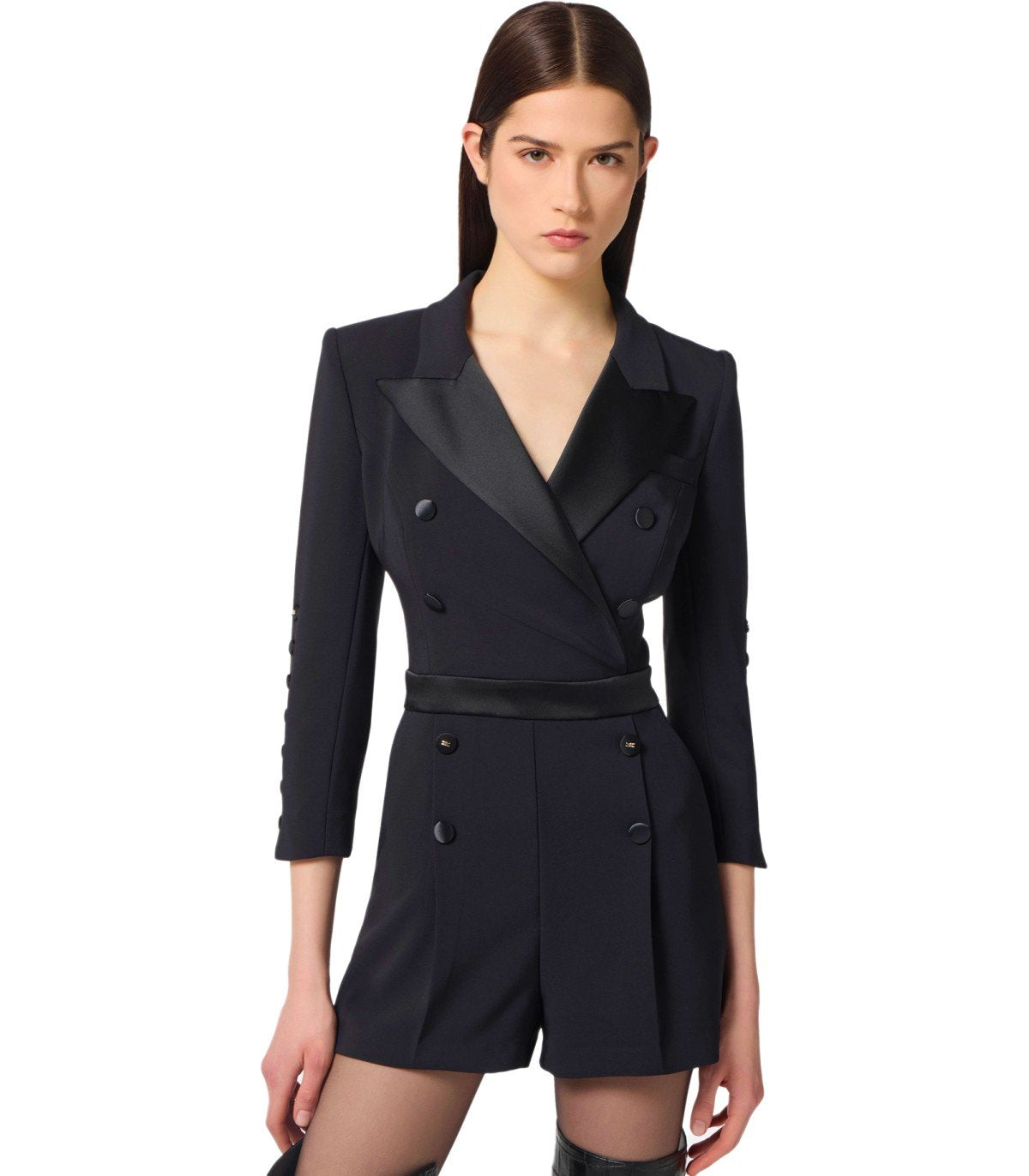 ELISABETTA FRANCHI BLACK DOUBLE-BREASTED JUMPSUIT