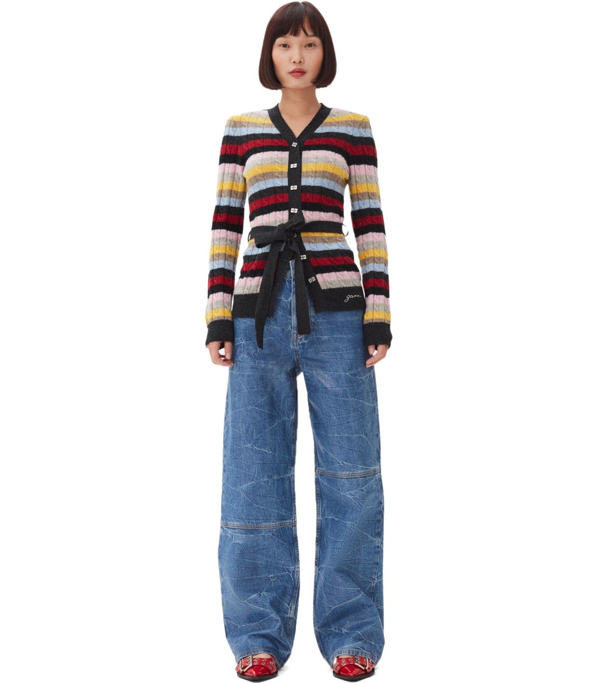 CARDIGAN A RIGHE CON CINTURA MULTICOLORE GANNI