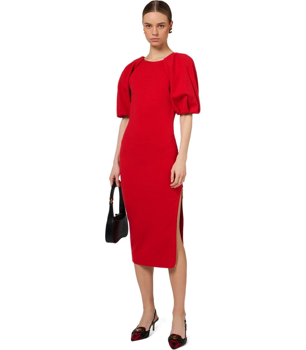 ELISABETTA FRANCHI RED PASSION KNITTED MIDI DRESS 