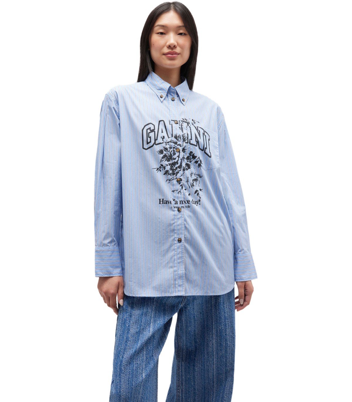 GANNI FLOWERS LIGHT BLUE SHIRT