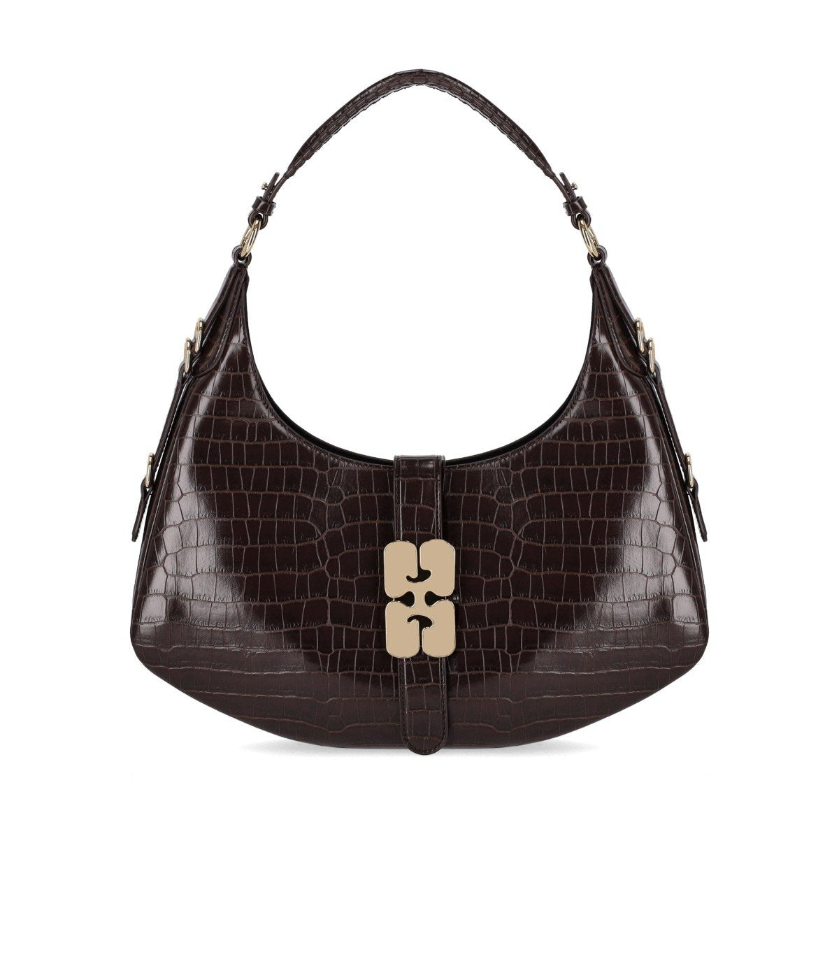 GANNI KAT SMALL CROCO CHOCOLATE FONDANT HOBO BAG