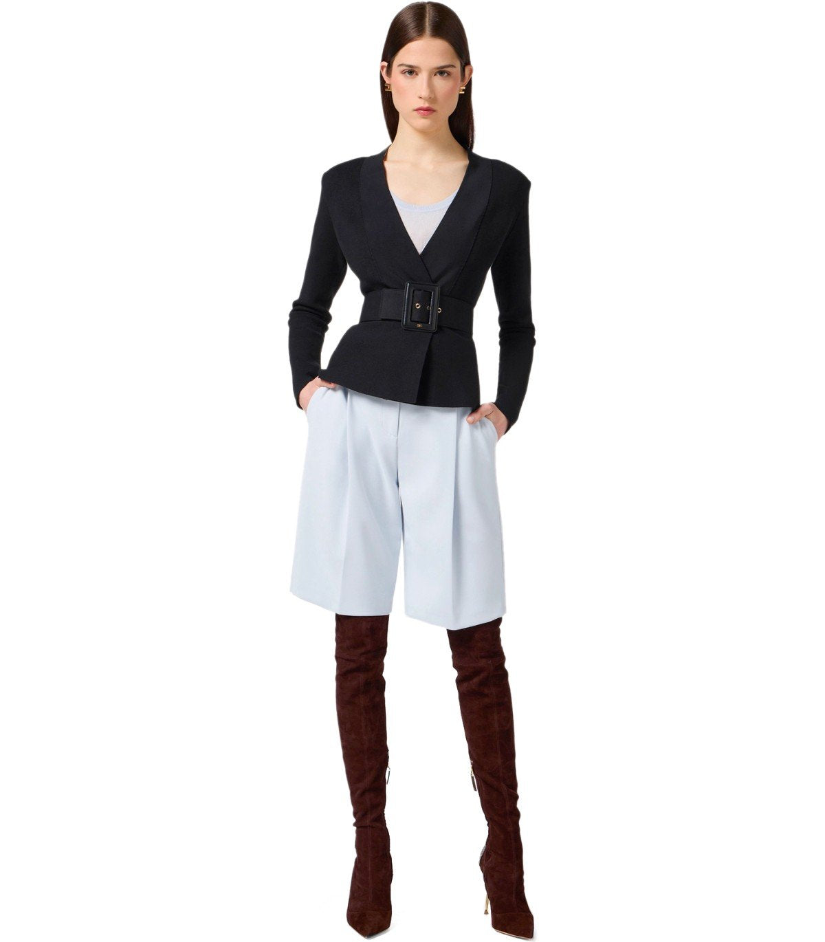 ELISABETTA FRANCHI BLACK KNITTED JACKET WITH BELT