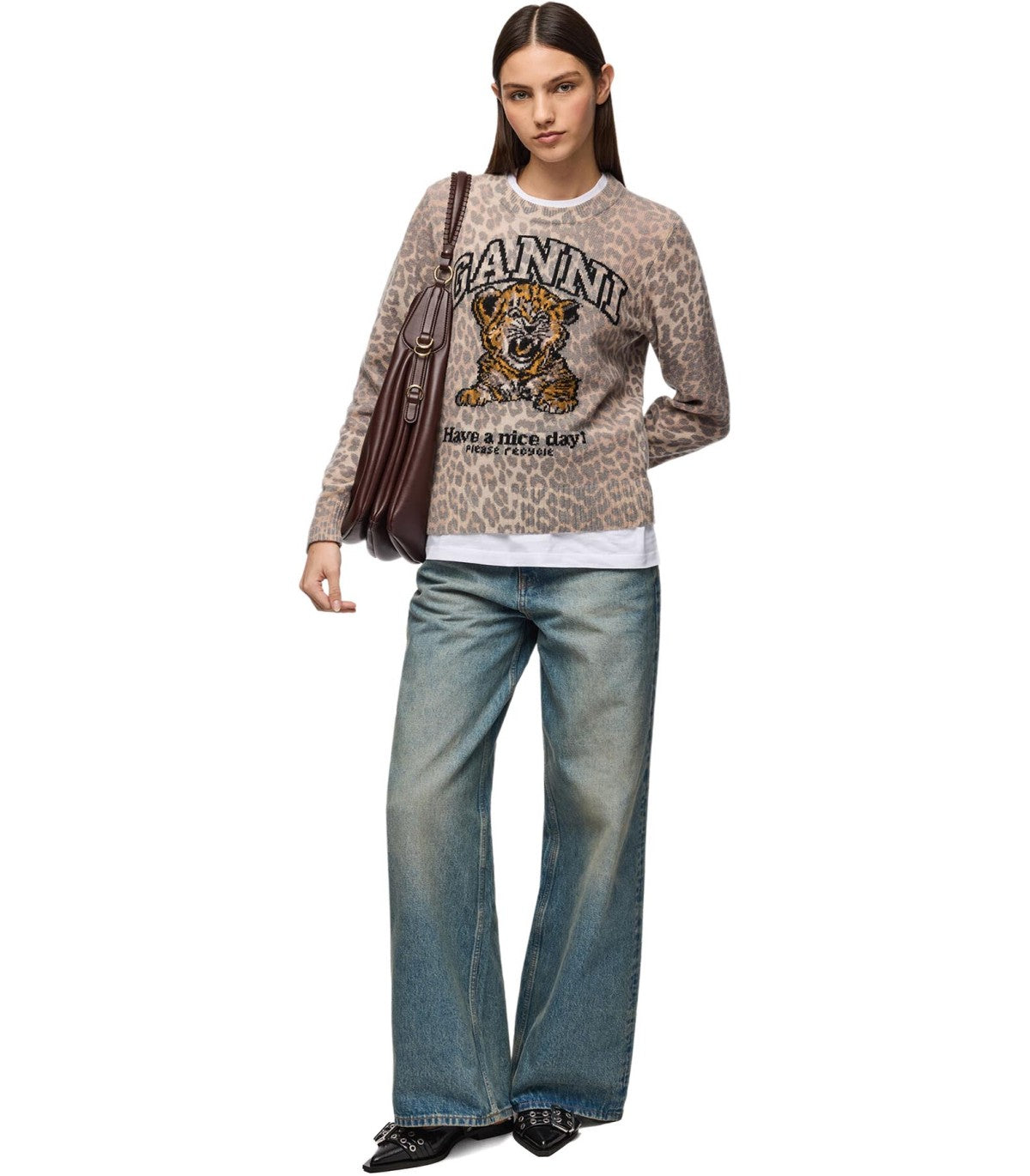 GANNI RUNDHALS-PULLOVER MIT ANIMALIER-MUSTER