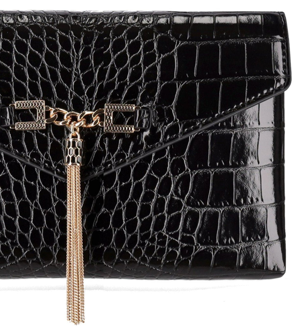 ELISABETTA FRANCHI BLACK CLUTCH WITH CROCO-PRINT AND TASSEL