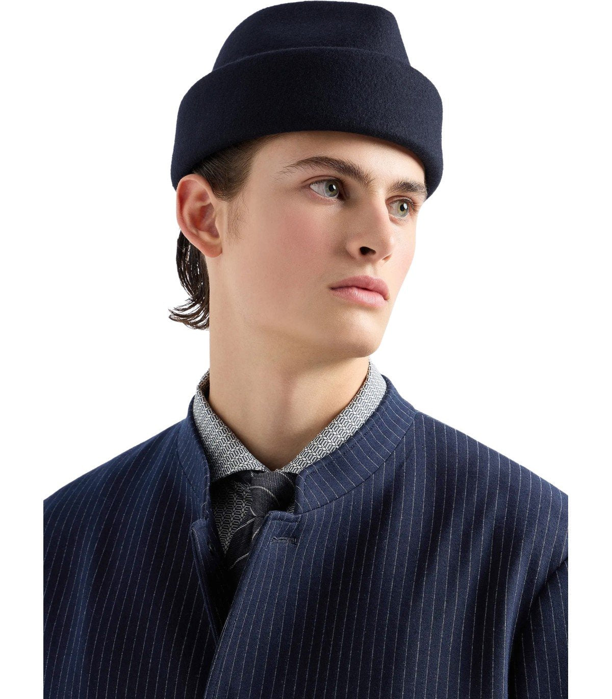 EMPORIO ARMANI NAVY BLUE PINSTRIPE JACKET WITH MANDARIN COLLAR