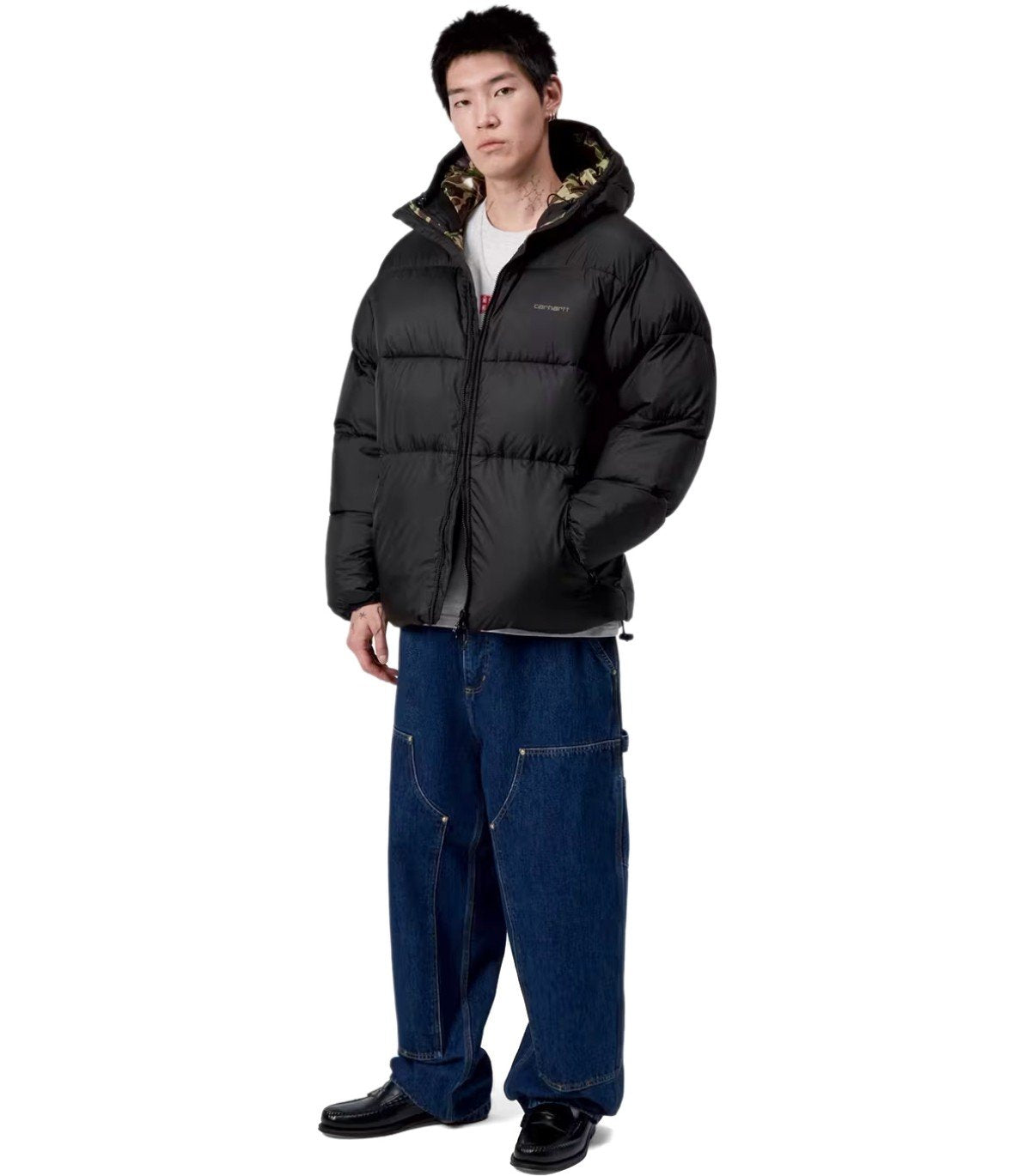 CARHARTT WIP TORONTO CAMO DUCK BLACK HOODED PADDED JACKET