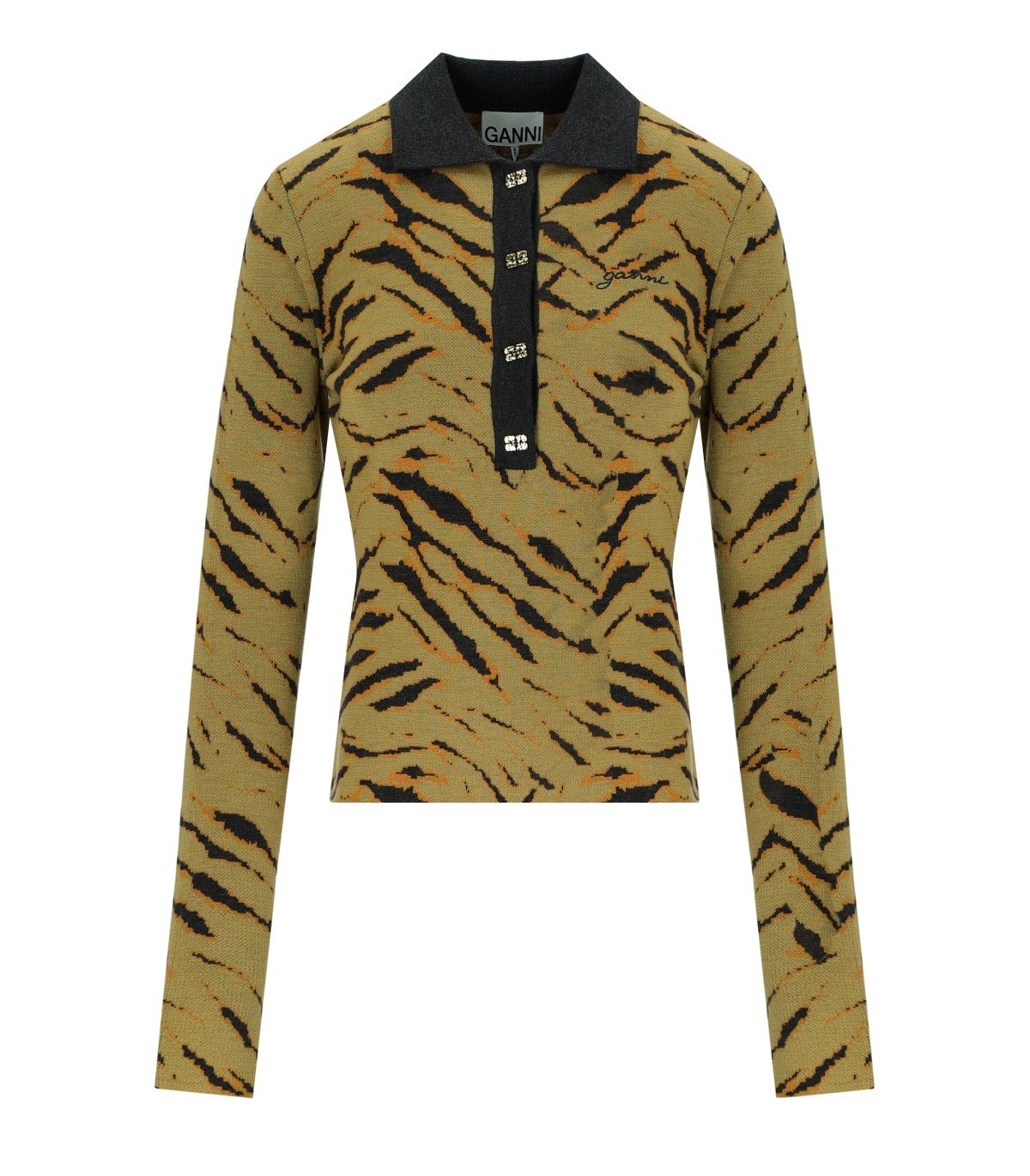 GANNI KHAKI ZEBRA PRINT POLO PULLOVER