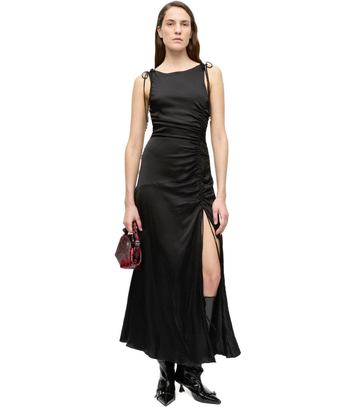 ganni heavy satin long dress Ganni Black Red Floral Print Silk Stretch Satin Midi Dress