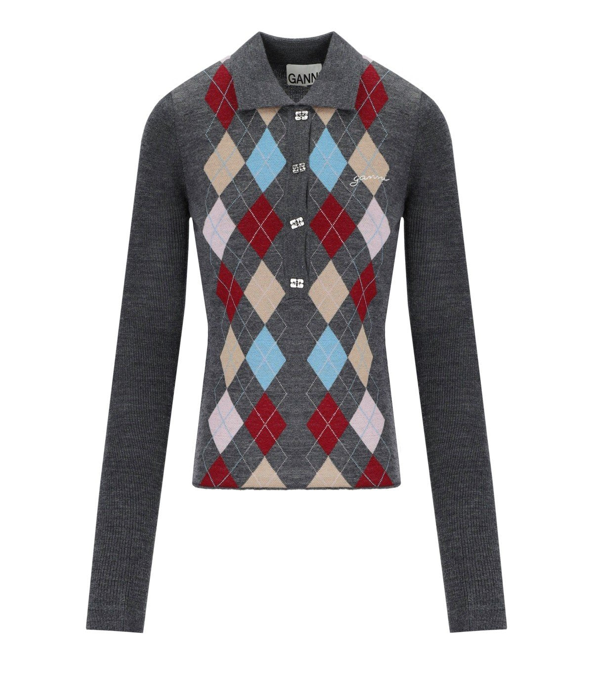 GANNI GREY JACQUARD POLO SWEATER