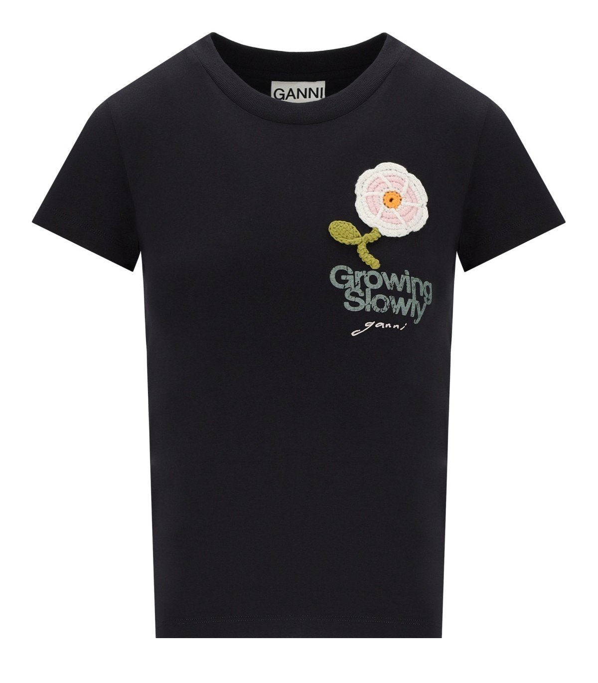 GANNI BABY FIT CROCHET ANTHRACITE GREY T-SHIRT