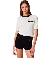 TWINSET WHITE BLACK CROPPED TOP