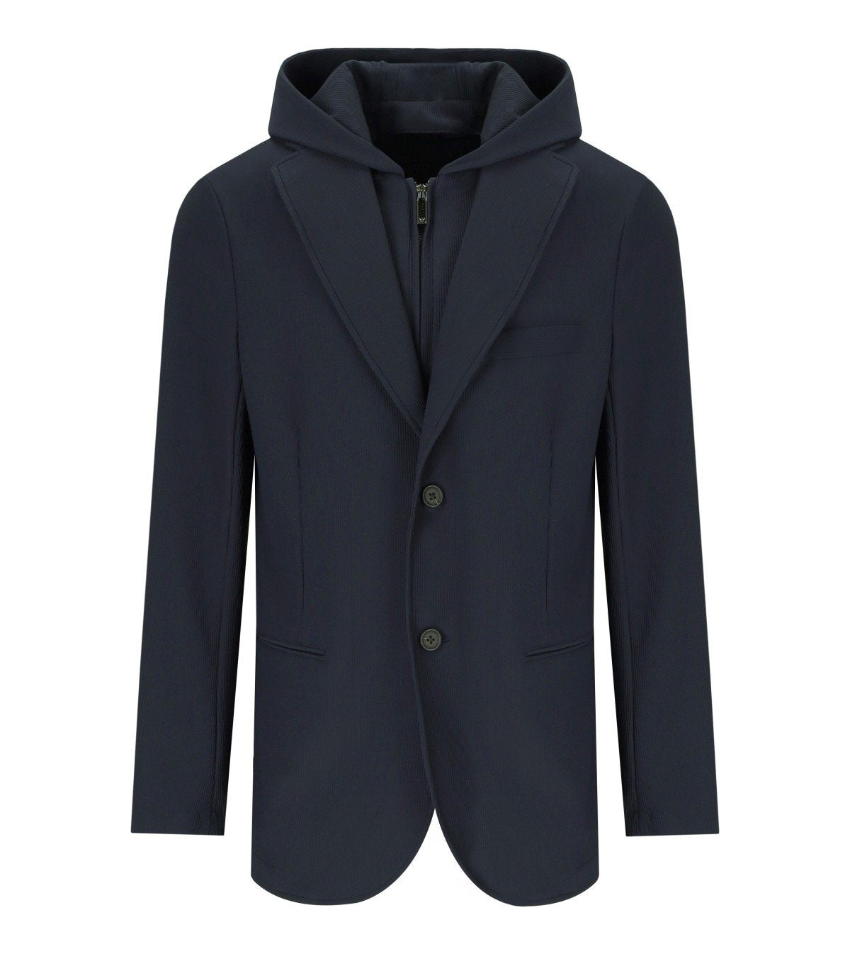 EMPORIO ARMANI NAVY BLUE RIBBED SINGLE-BREASTED HOODED JACKET