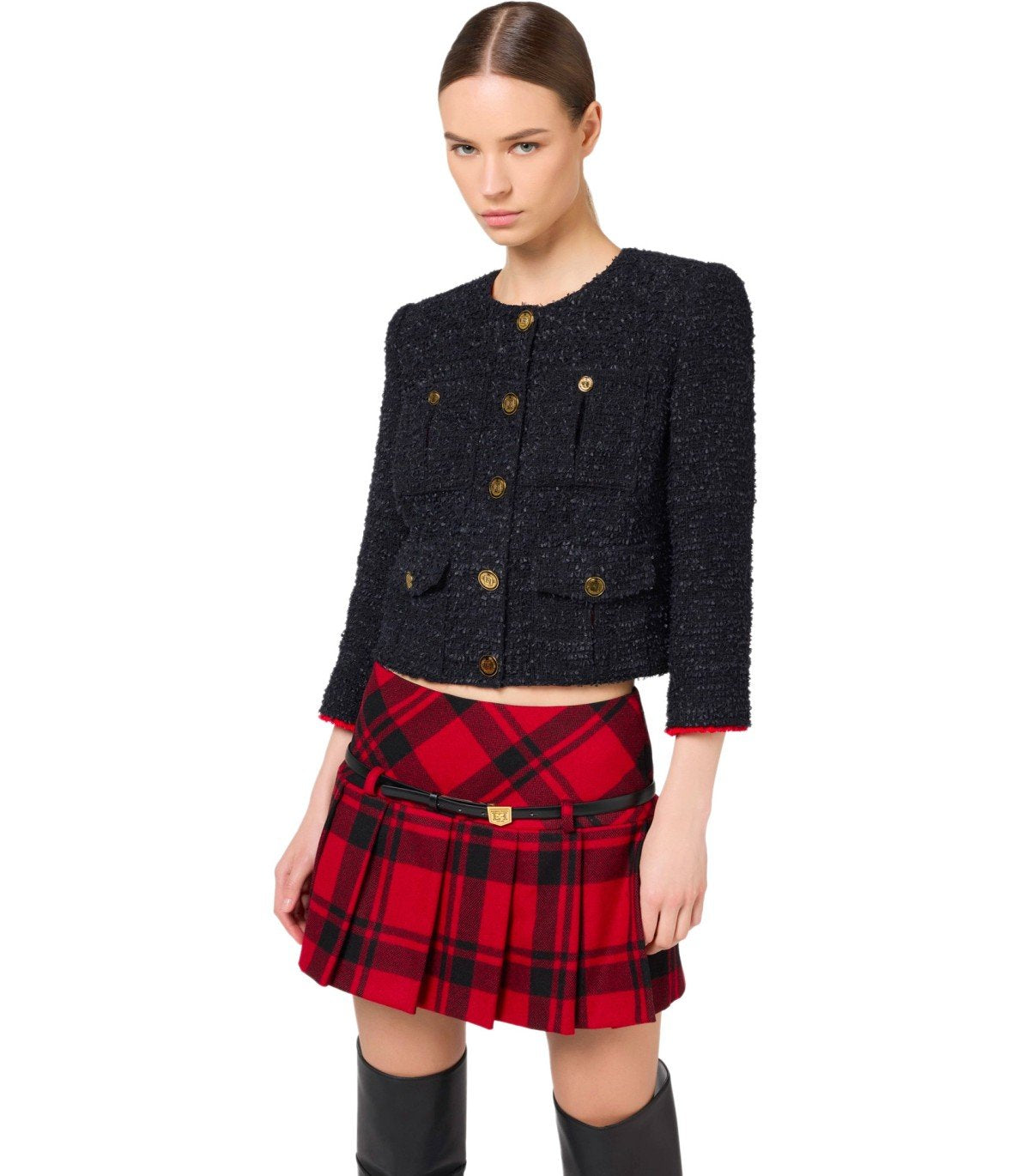 ELISABETTA FRANCHI CROPPED JAS IN ZWART/ROOD PASSION TWEED