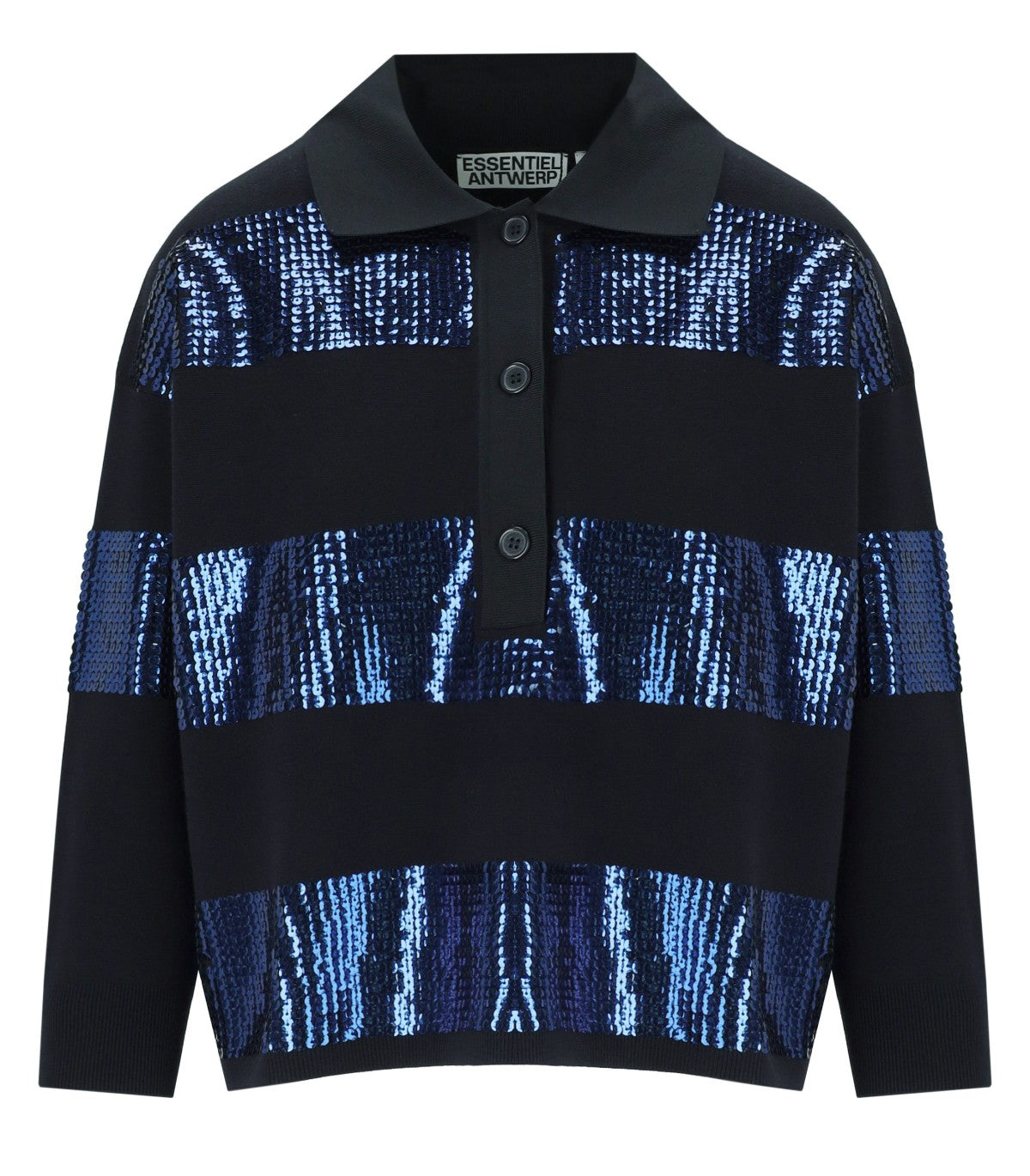 ESSENTIEL ANTWERP ILLUMINATI ZWART GEBREID POLOSHIRT