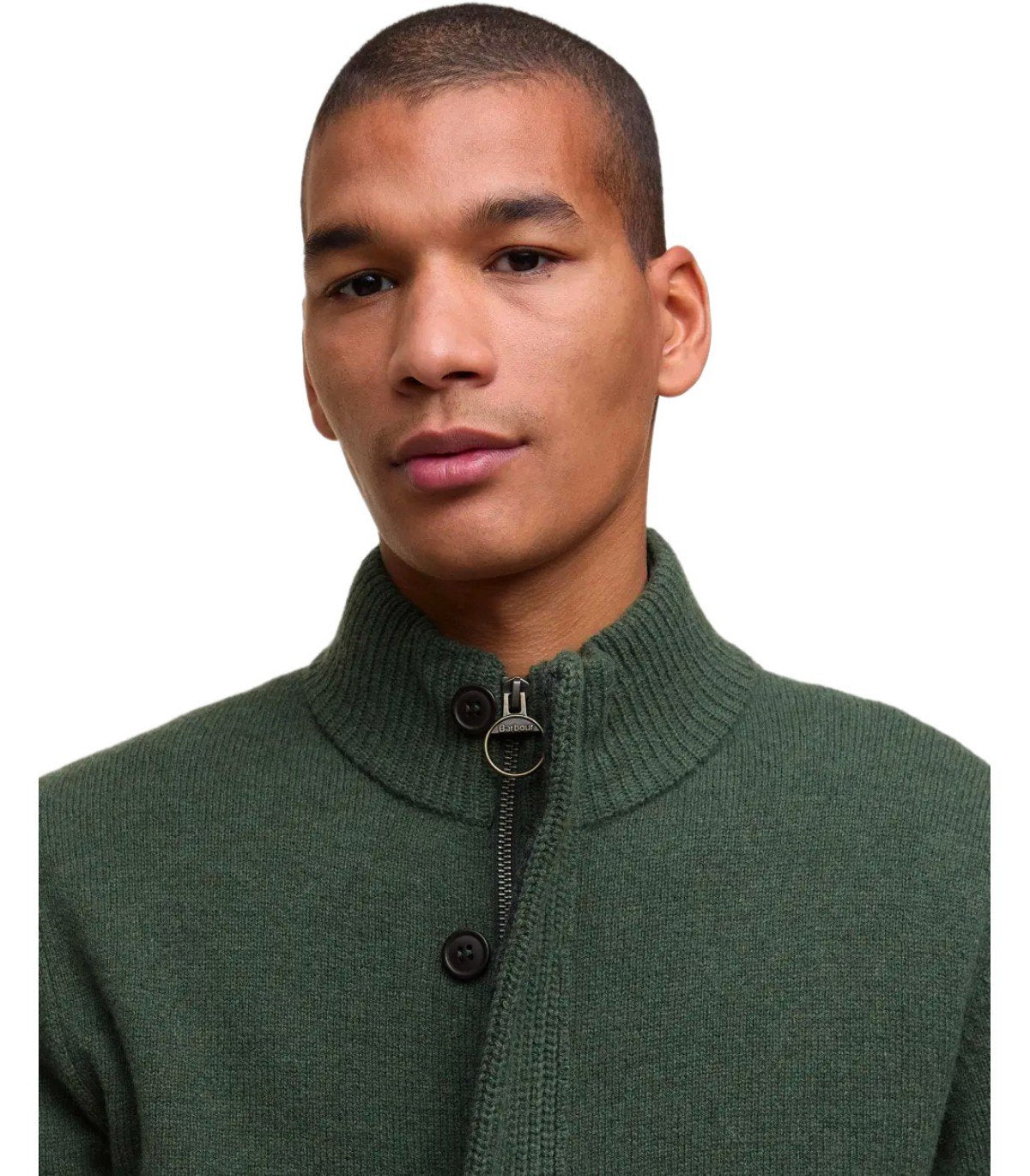 BARBOUR ESSENTIAL PATCH ZIP OLIVE GREEN CARDIGAN