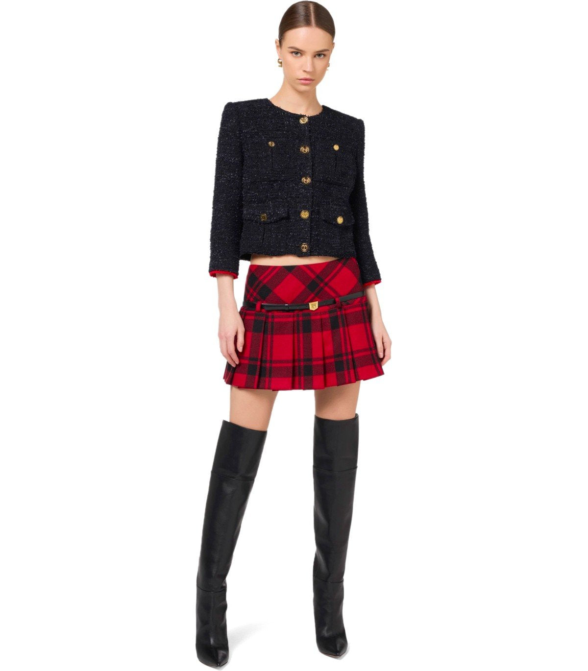 ELISABETTA FRANCHI CROPPED JAS IN ZWART/ROOD PASSION TWEED