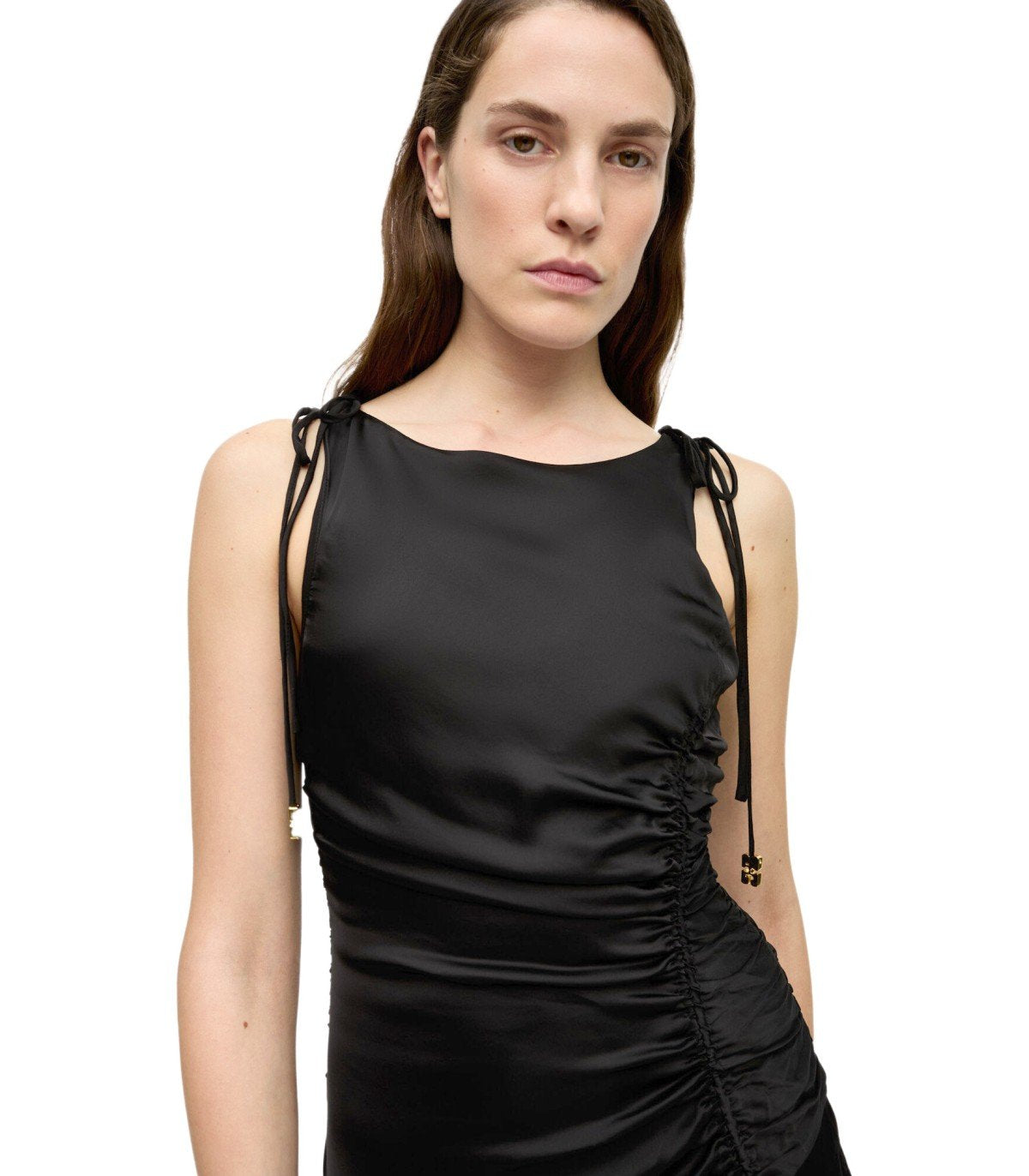 ganni pleated satin dress black Ganni Black Satin Pleated Dress. As new, can be worn