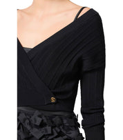 ELISABETTA FRANCHI BLACK KNITTED TOP WITH V-NECK
