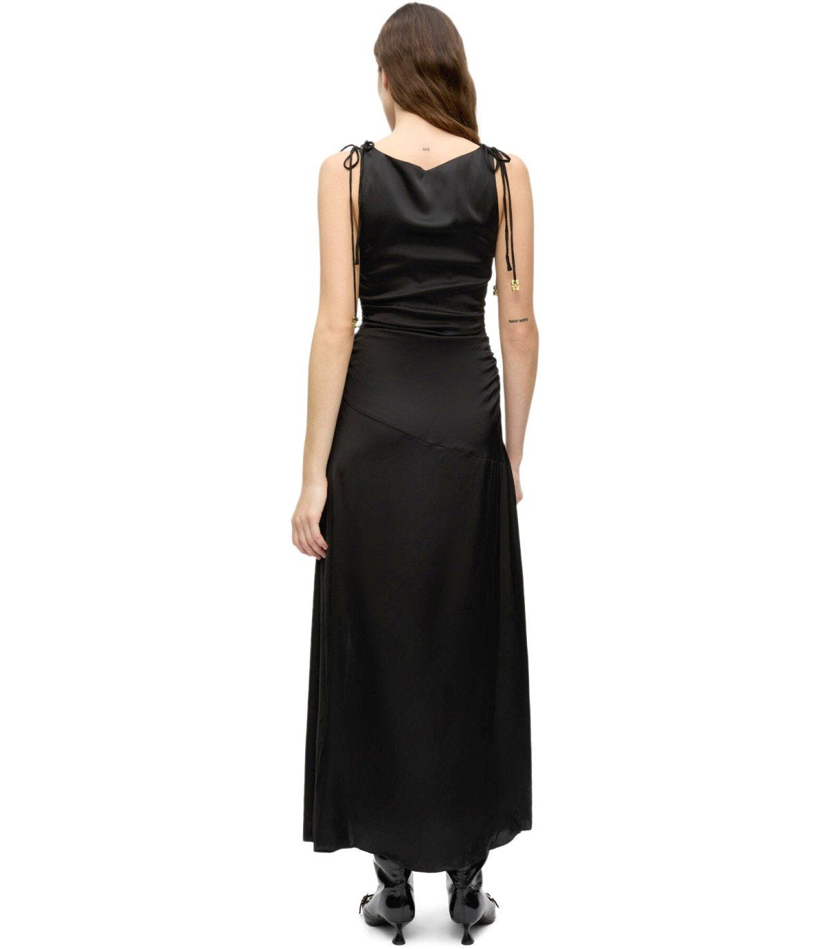ganni heavy satin long dress Ganni Black Red Floral Print Silk Stretch Satin Midi Dress