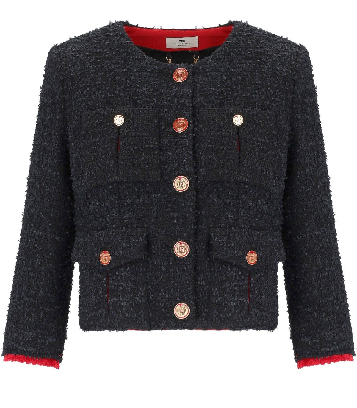 ELISABETTA FRANCHI CROPPED JAS IN ZWART/ROOD PASSION TWEED