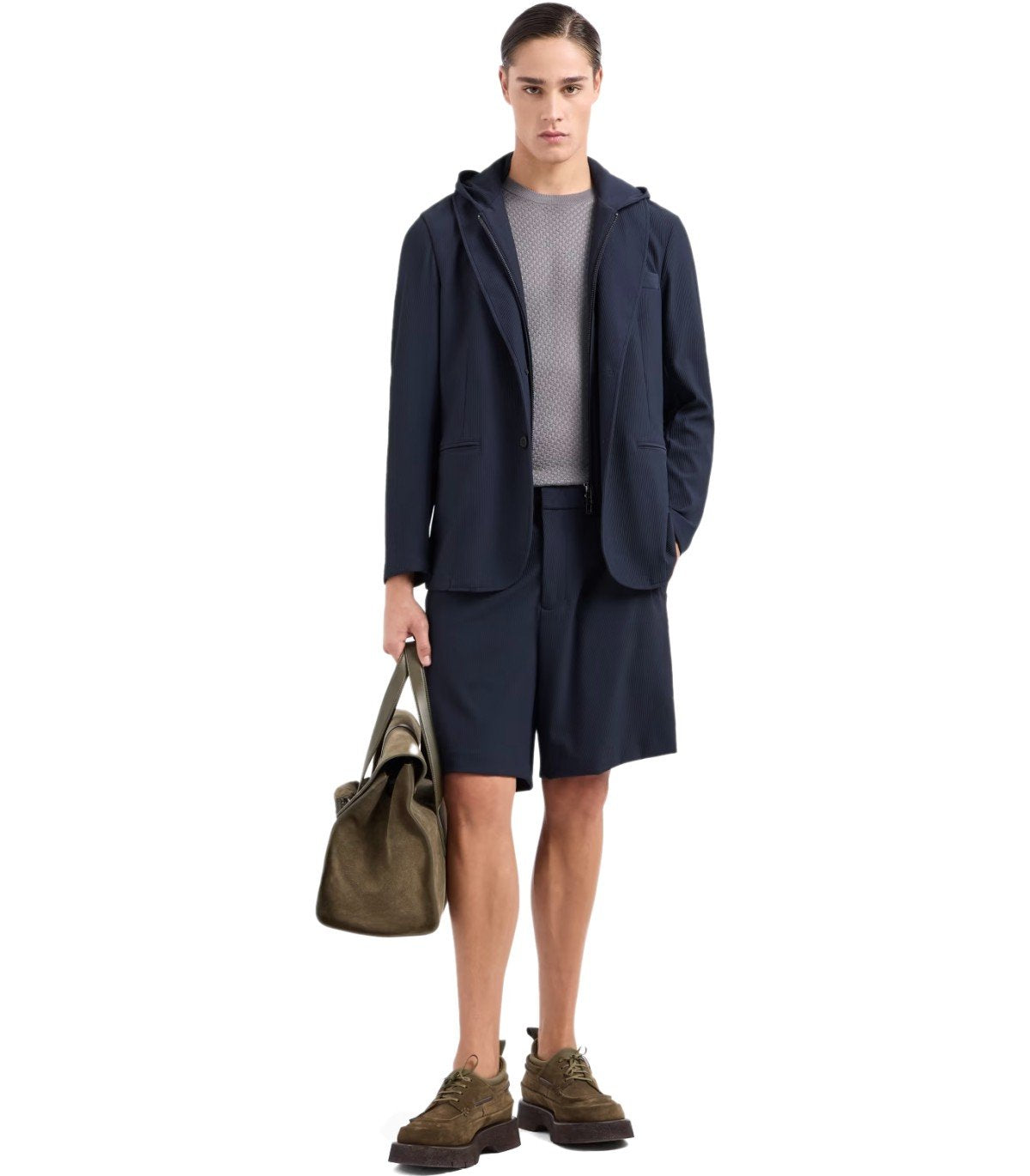 EMPORIO ARMANI NAVY BLUE RIBBED SINGLE-BREASTED HOODED JACKET