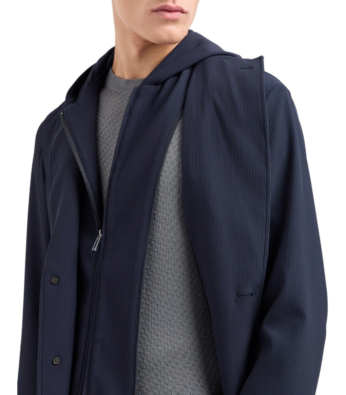 EMPORIO ARMANI NAVY BLUE RIBBED SINGLE-BREASTED HOODED JACKET