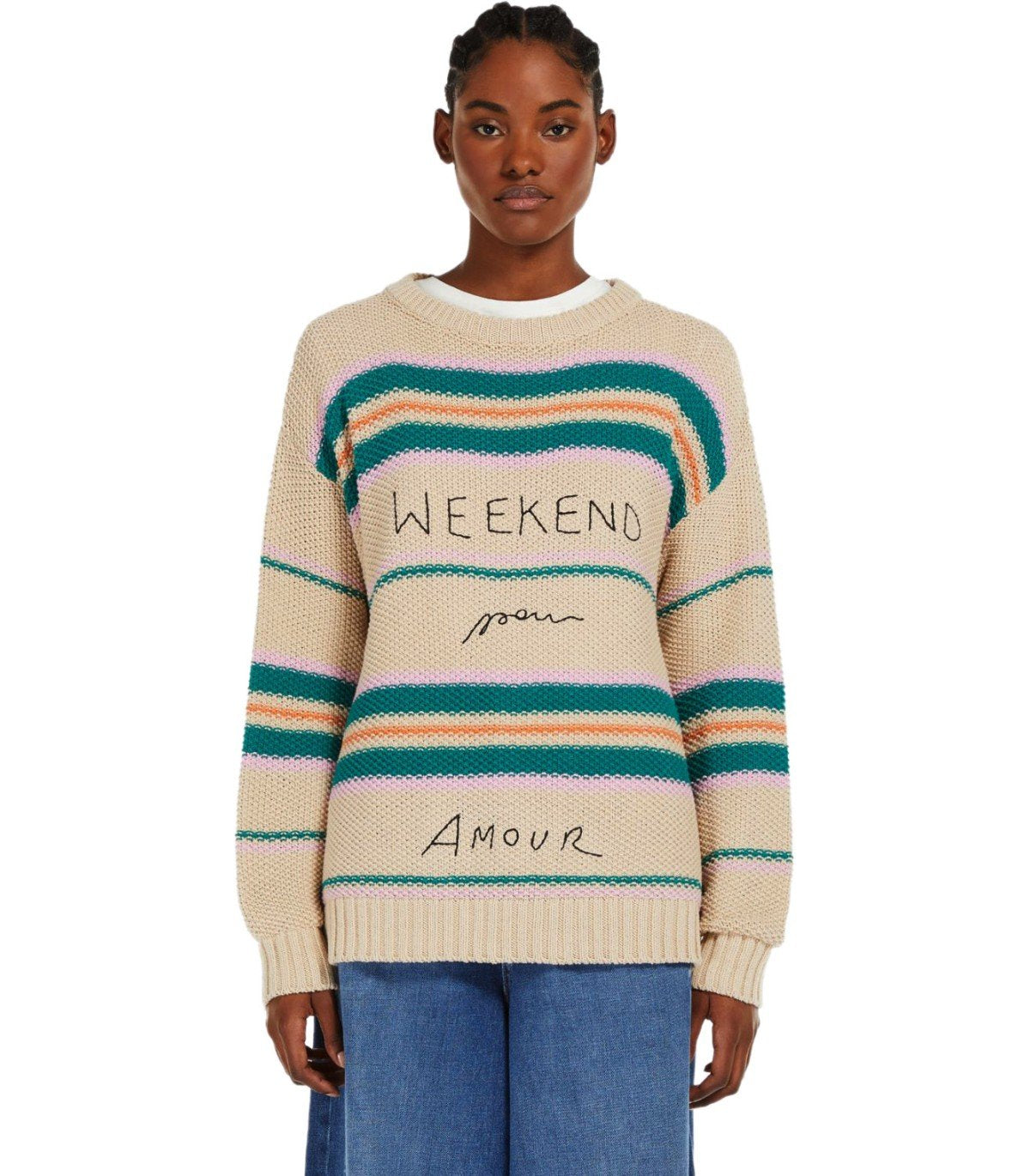 MAX MARA WEEKEND ANGUS BEIGE CREWNECK SWEATER WITH EMBROIDERY