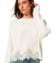 MAGLIONE CON DETTAGLI IN PIZZO BIANCO TWINSET