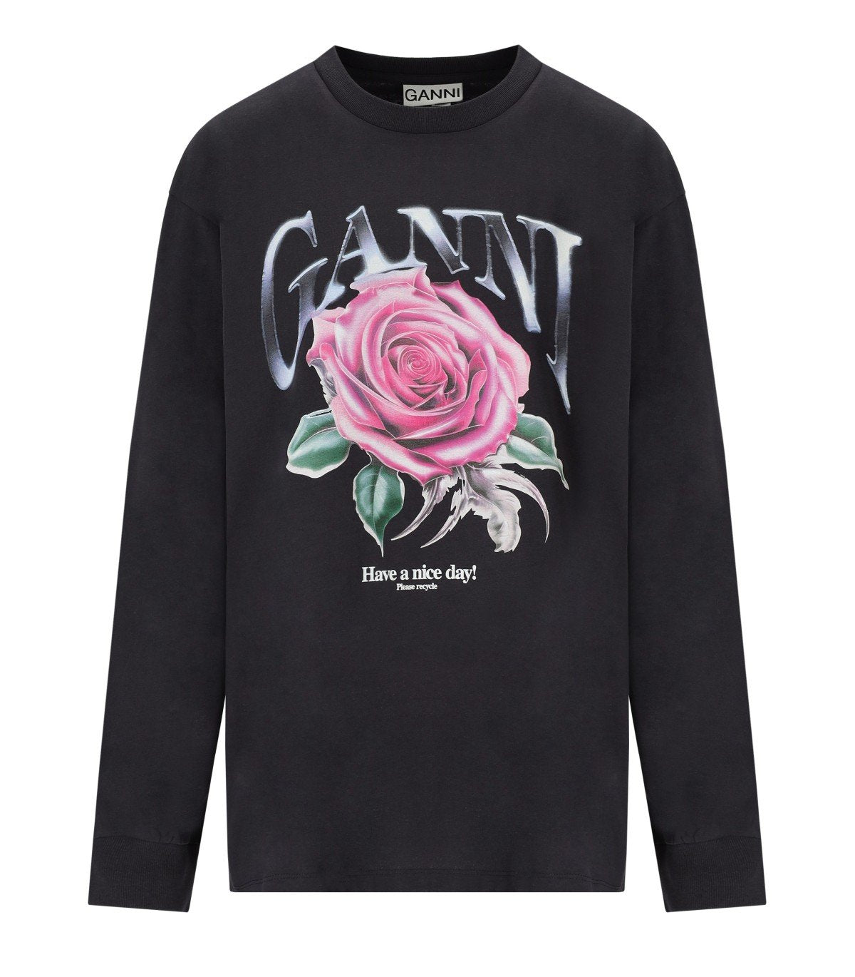 GANNI ROSE ANTHRACITE GREY LONG SLEEVE T-SHIRT