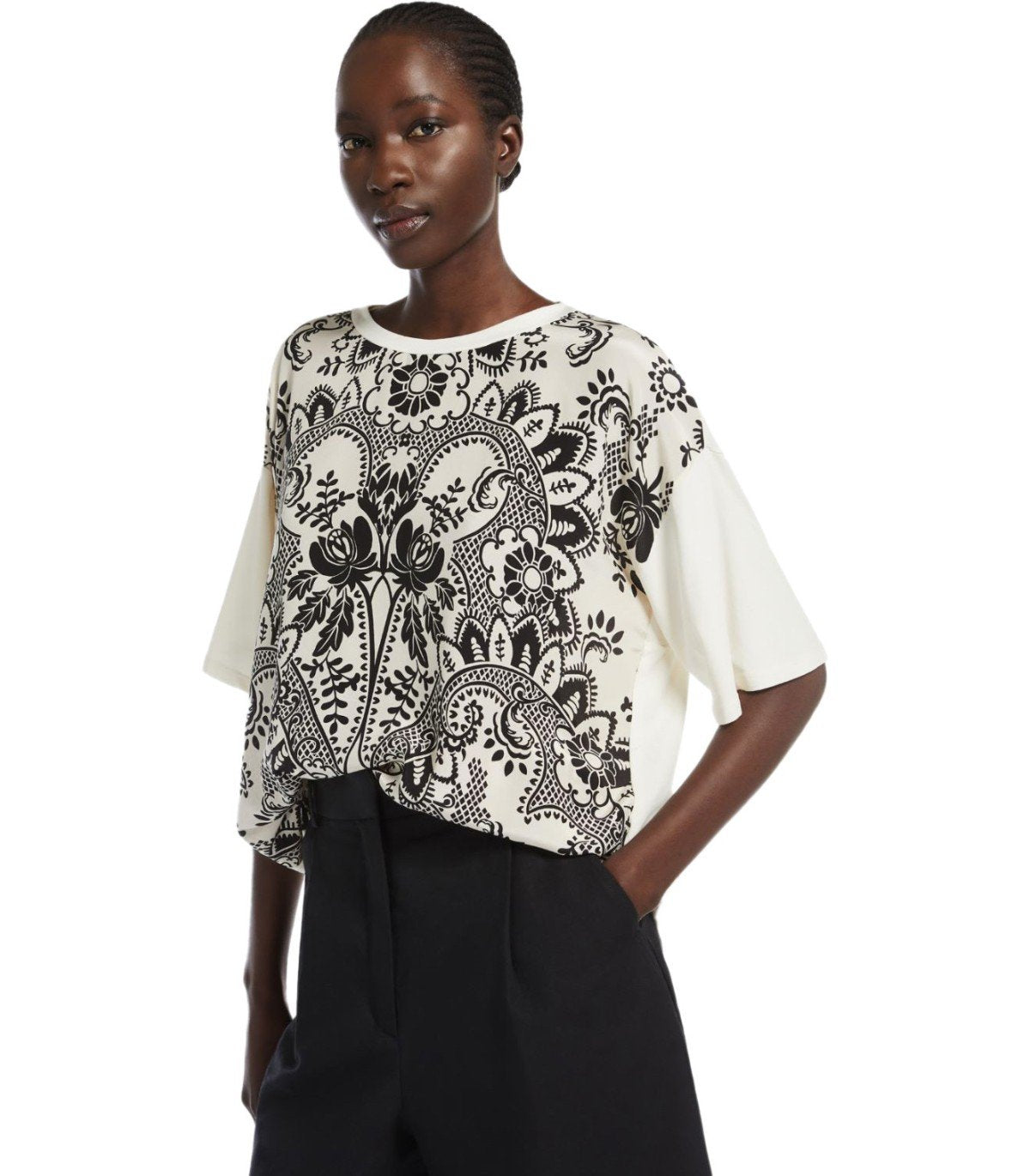 WEEKEND MAX MARA 半袖Tシャツ PAMPAS 005 2515941082 Printed silk and jersey T-shirt, ivory | Weekend Max Mara