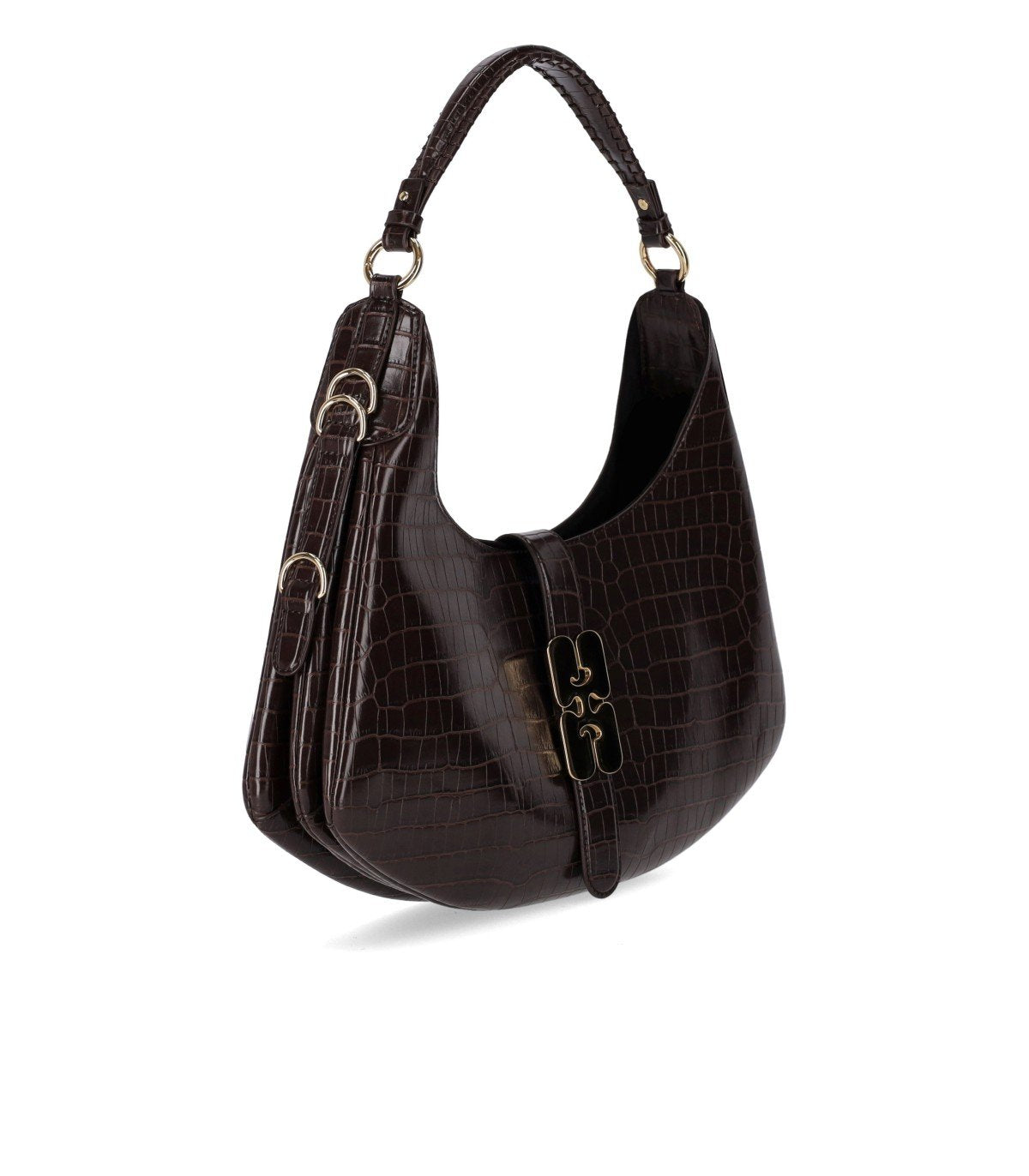 GANNI KAT SMALL CROCO CHOCOLATE FONDANT HOBO BAG