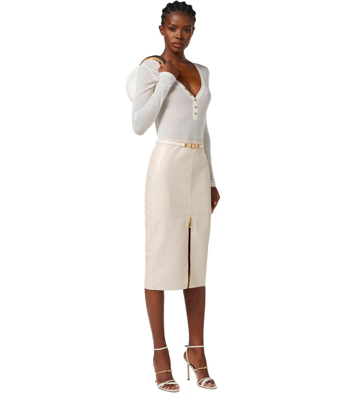 ELISABETTA FRANCHI MILK MIDI SKIRT WITH CROCO-PRINT