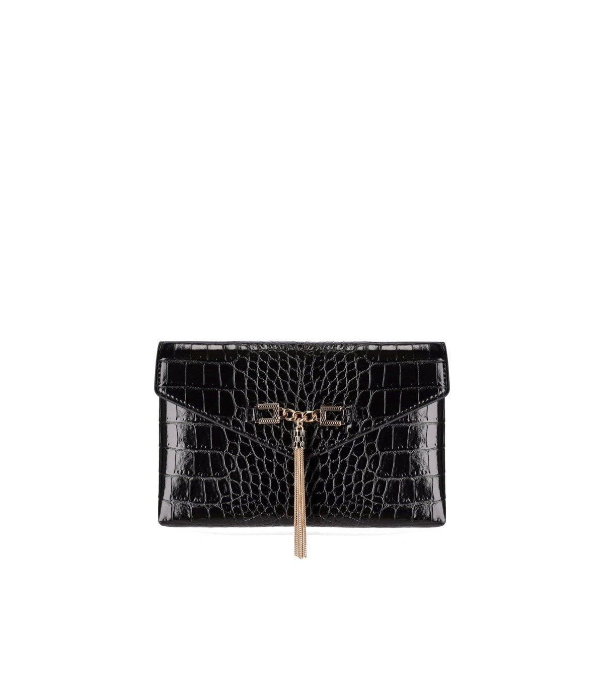 ELISABETTA FRANCHI BLACK CLUTCH WITH CROCO-PRINT AND TASSEL