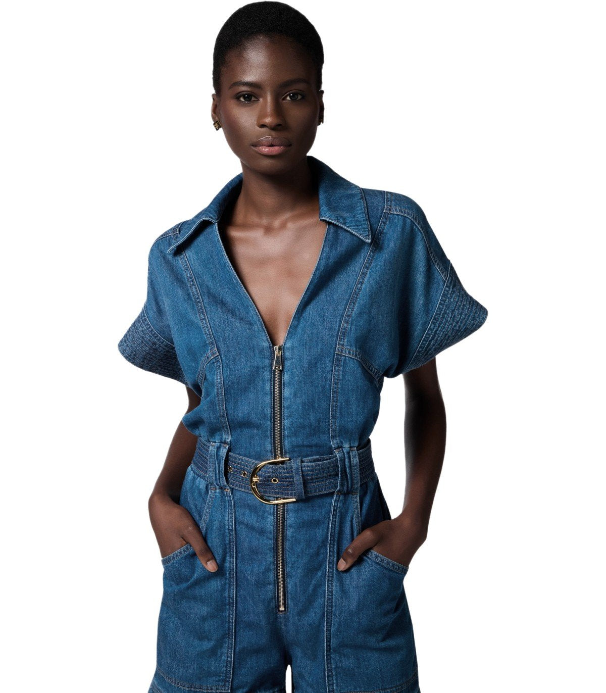 ELISABETTA FRANCHI BLUE DENIM SHORT JUMPSUIT