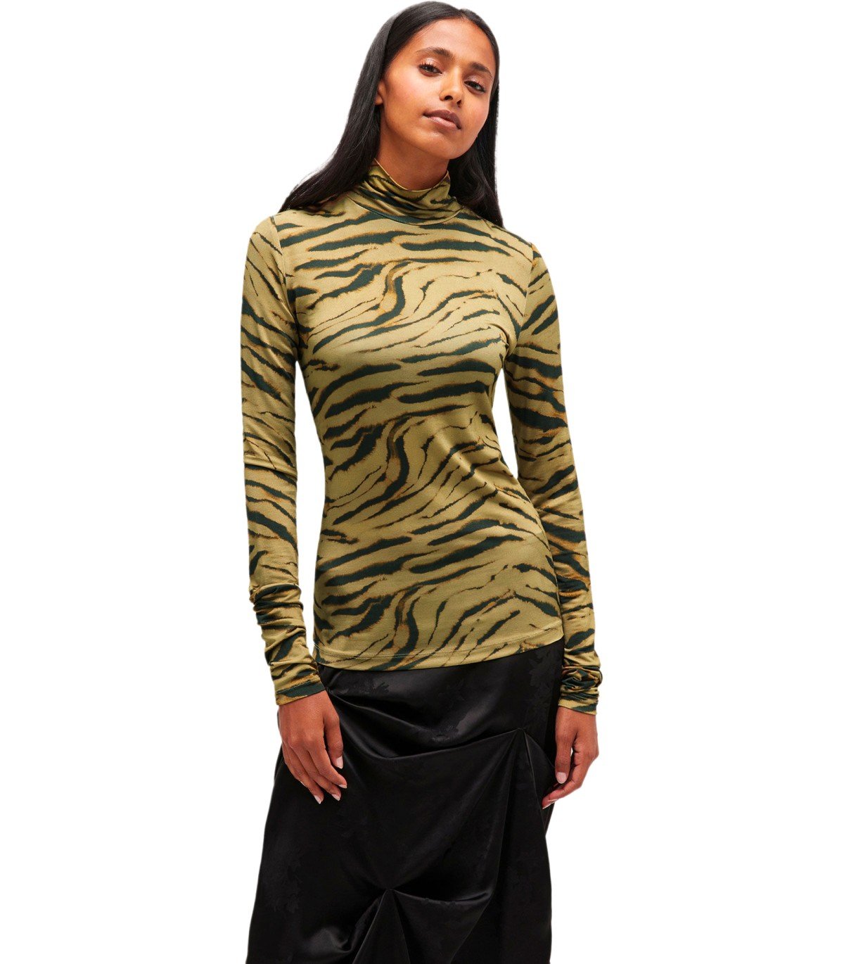 GANNI KHAKI ZEBRA PRINT TURTLENECK TOP